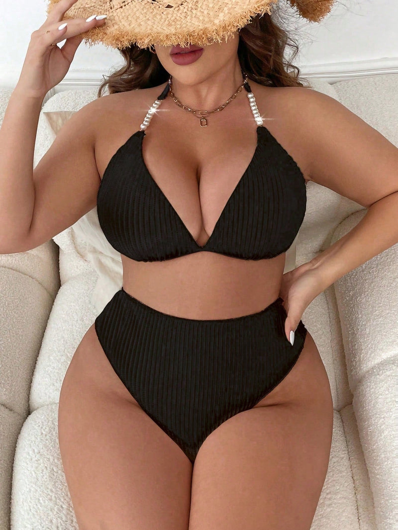 Biquíni Feminino com Textura Canelada e Detalhe com pérolas - Selena. Plus Size