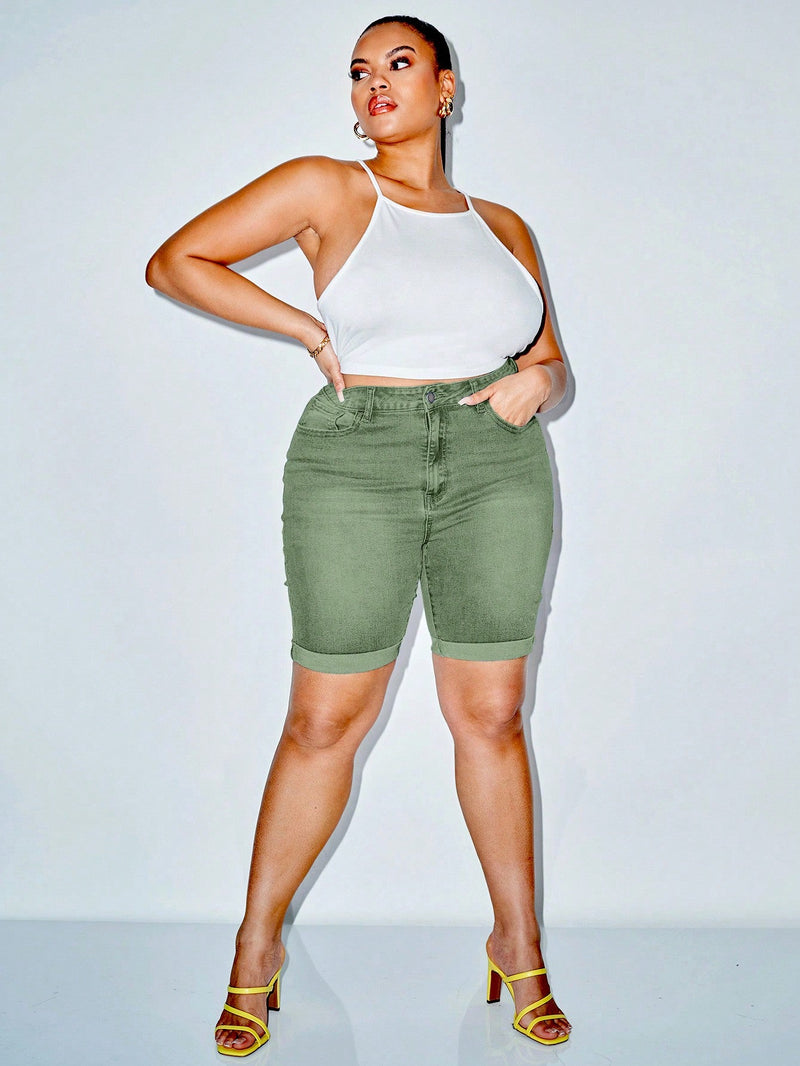 Shorts Feminino de cintura alta bainha enrolada - Federica. Plus Size