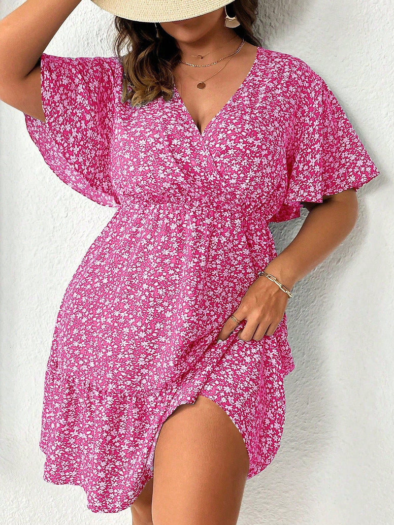 Vestido Feminino com Manga Borboleta com Babado na Barra - Liliane. Plus Size