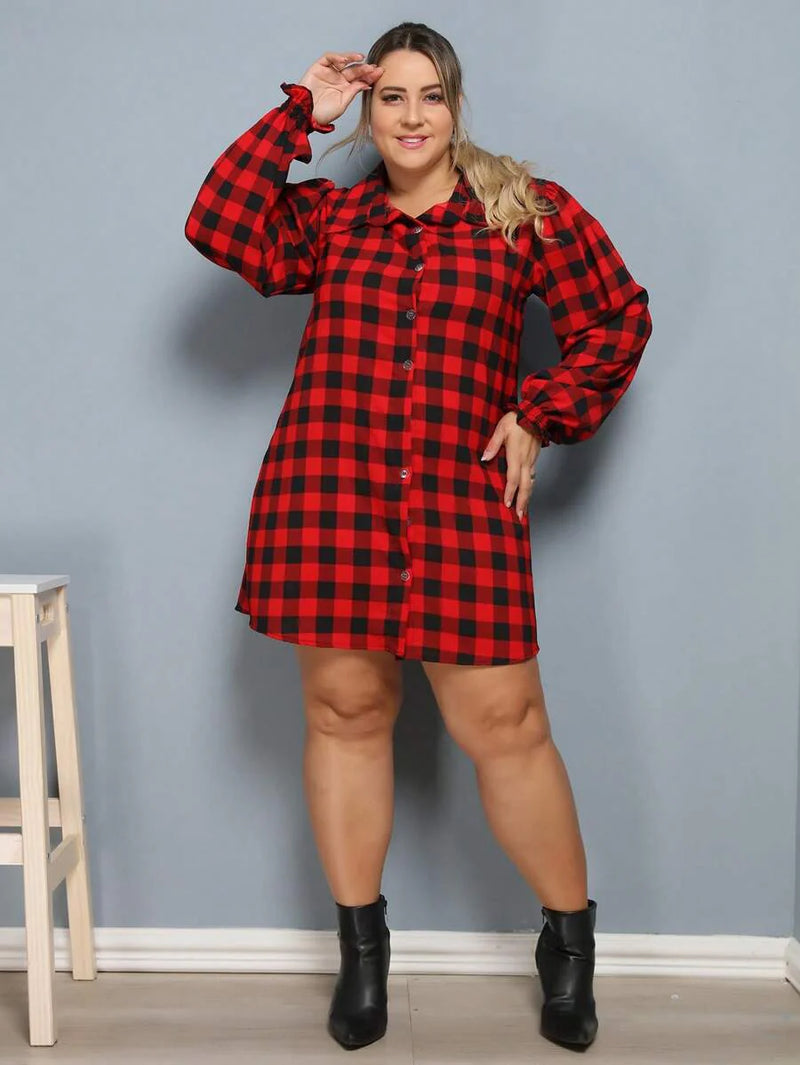 Vestido Camisa Feminino Xadrez com Manga Longa - Laila. Plus Size