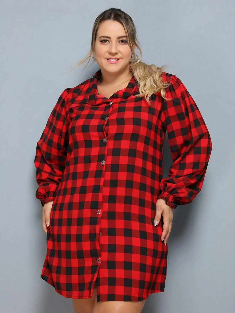 Vestido Camisa Feminino Xadrez com Manga Longa - Laila. Plus Size