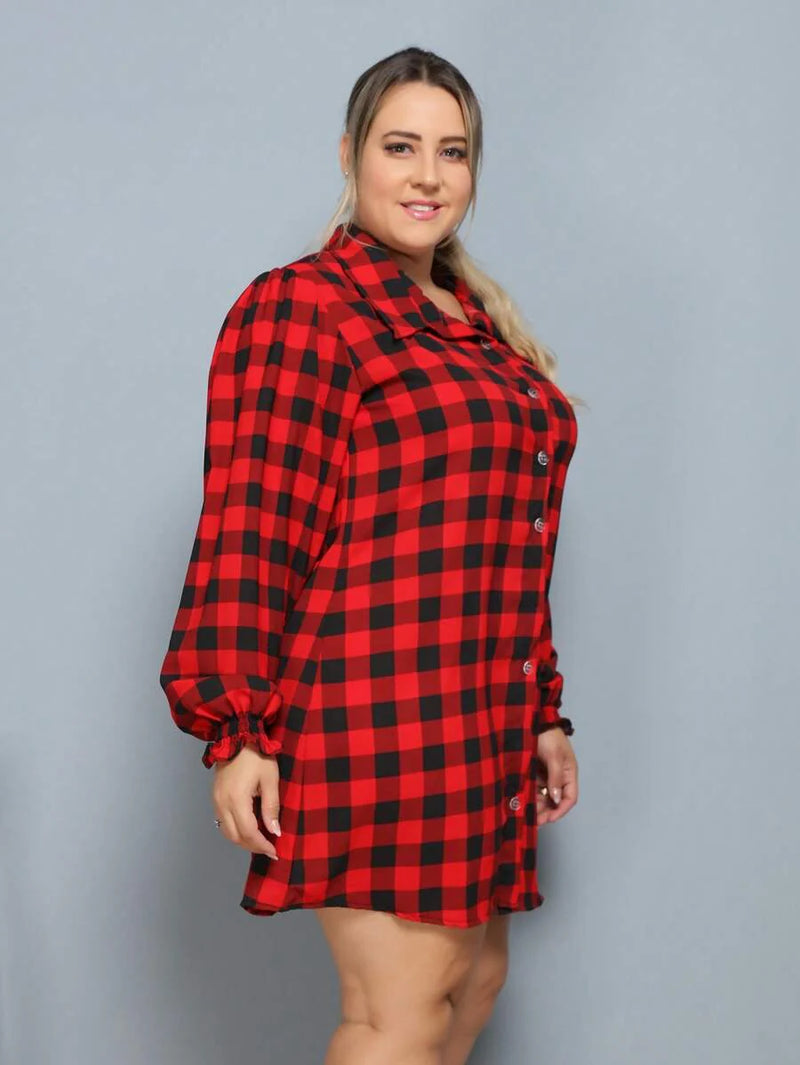 Vestido Camisa Feminino Xadrez com Manga Longa - Laila. Plus Size