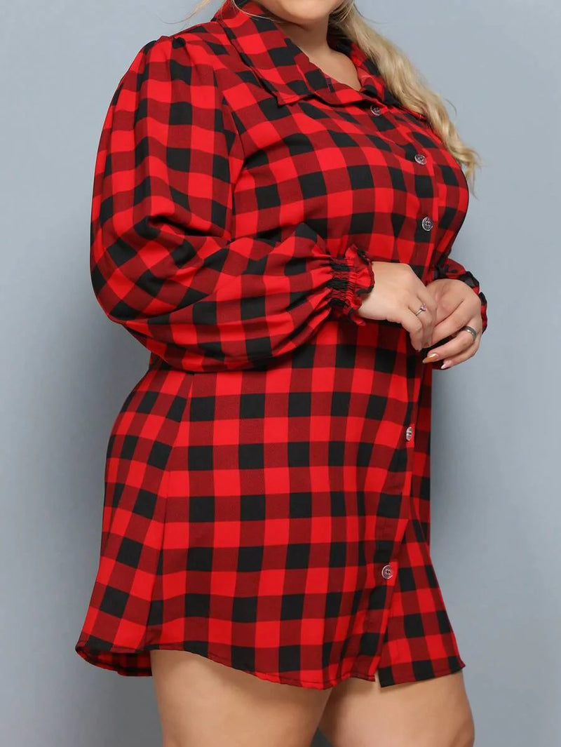 Vestido Camisa Feminino Xadrez com Manga Longa - Laila. Plus Size