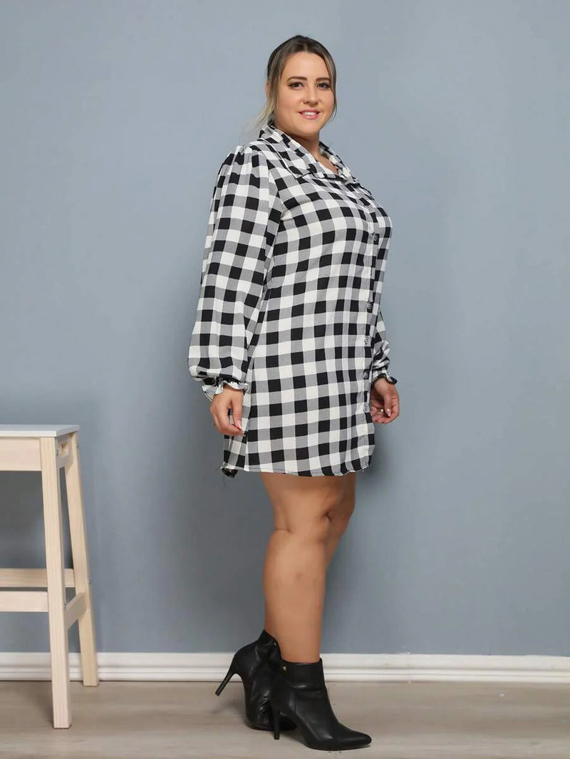 Vestido Camisa Feminino Xadrez com Manga Longa - Laila. Plus Size