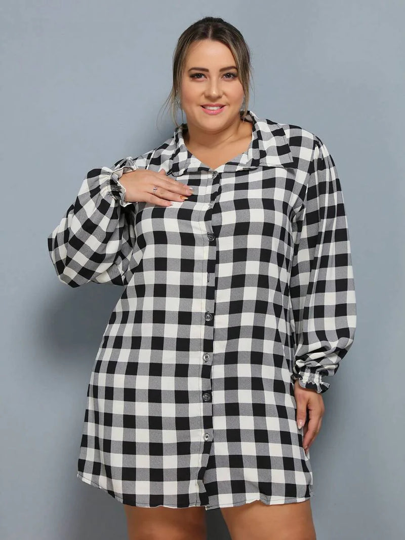 Vestido Camisa Feminino Xadrez com Manga Longa - Laila. Plus Size