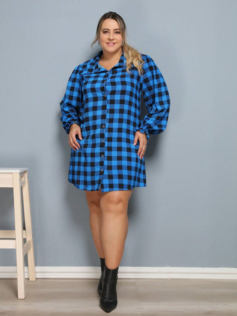 Vestido Camisa Feminino Xadrez com Manga Longa - Laila. Plus Size