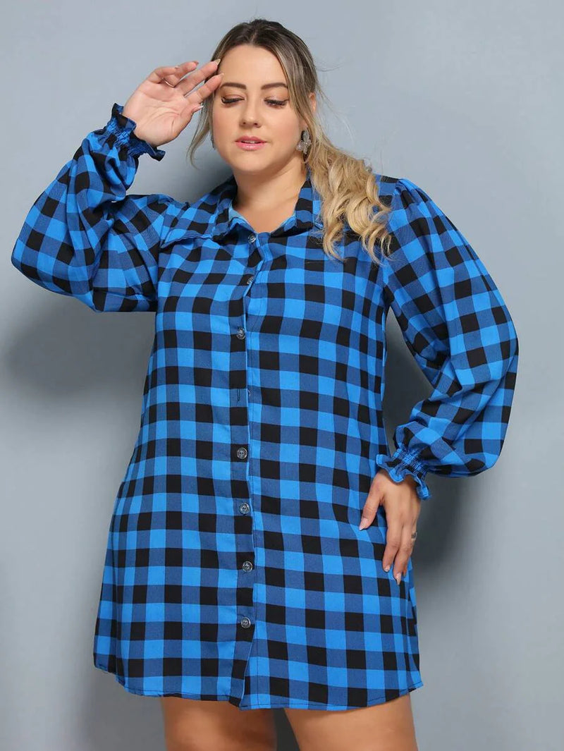 Vestido Camisa Feminino Xadrez com Manga Longa - Laila. Plus Size