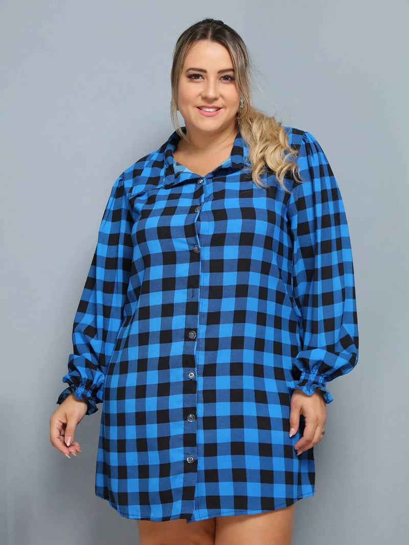 Vestido Camisa Feminino Xadrez com Manga Longa - Laila. Plus Size