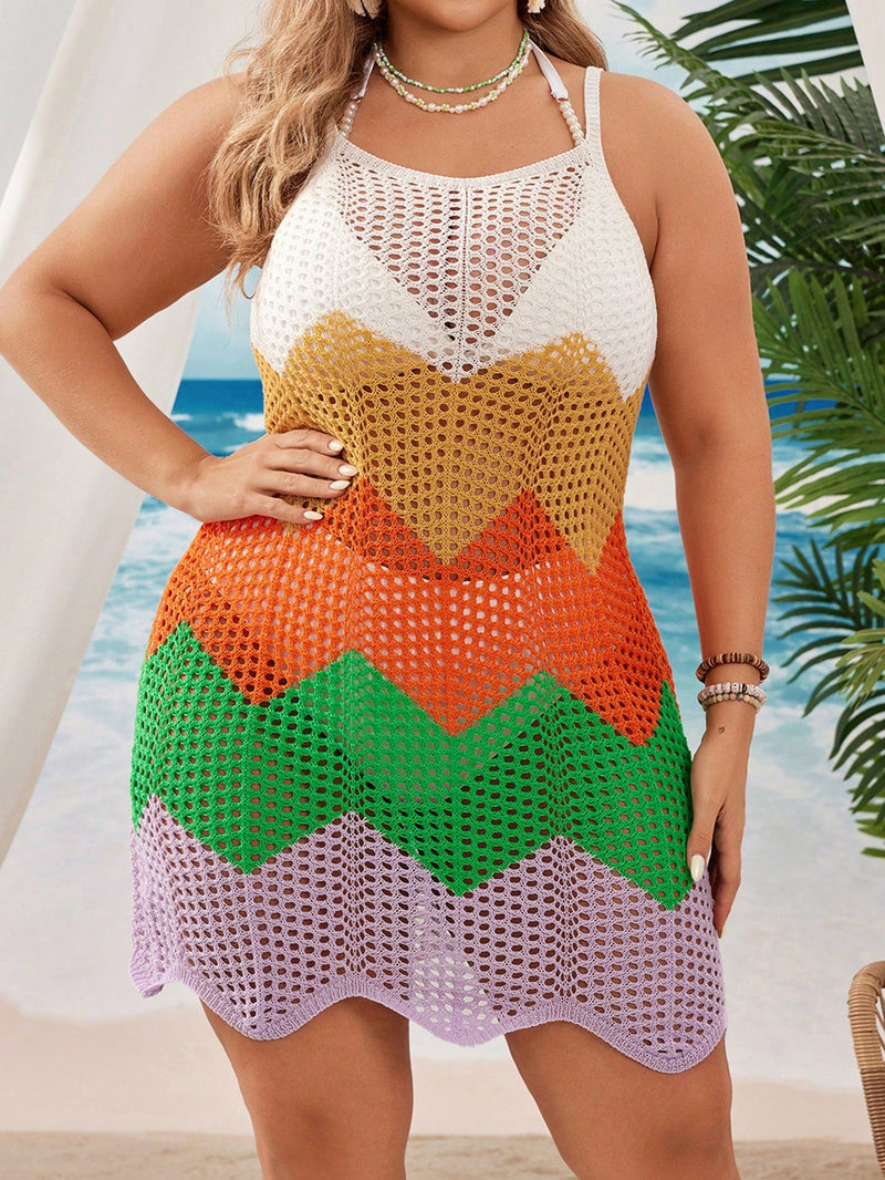 Saída de Praia Feminina Tricotada em Blocos de Cores - Helena. Plus Size