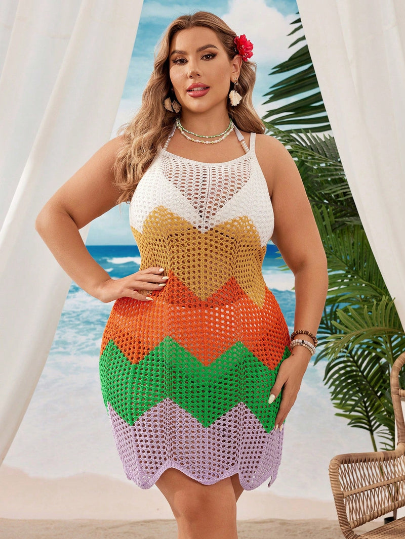 Saída de Praia Feminina Tricotada em Blocos de Cores - Helena. Plus Size