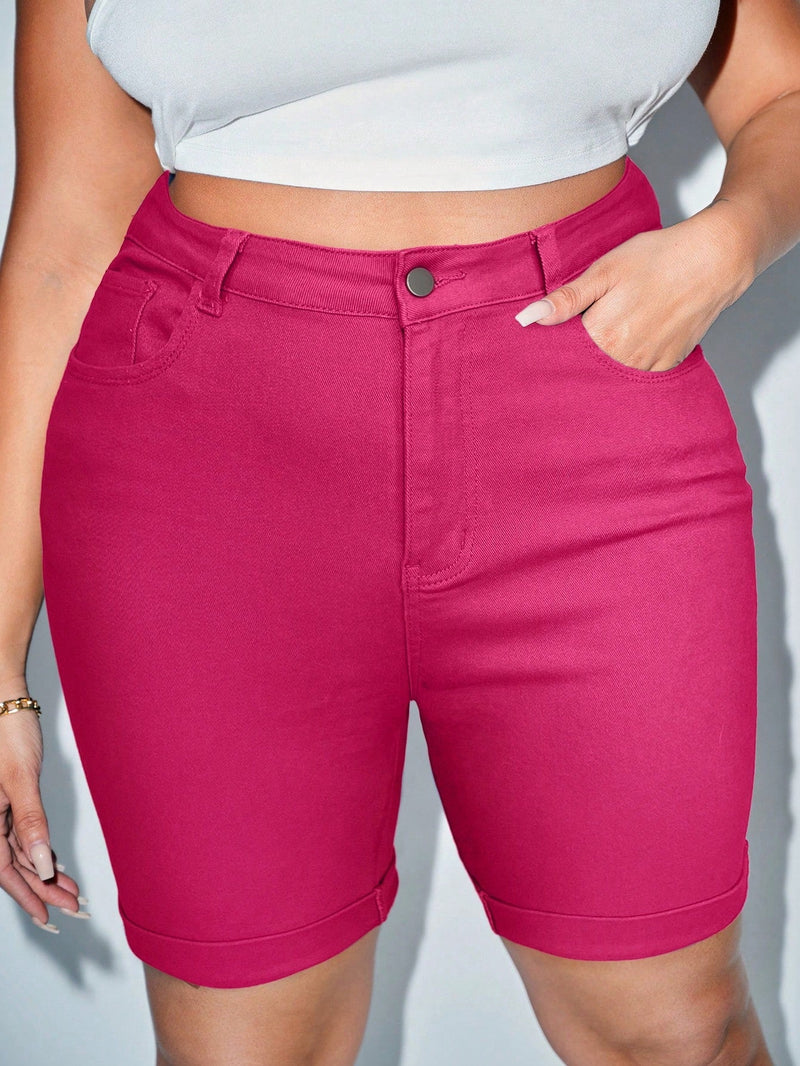 Shorts Feminino de cintura alta bainha enrolada - Federica. Plus Size