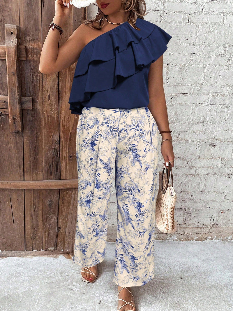 Conjunto Feminino, camisa com Babado no pescoço e calça longa Zilma.  Plus Size