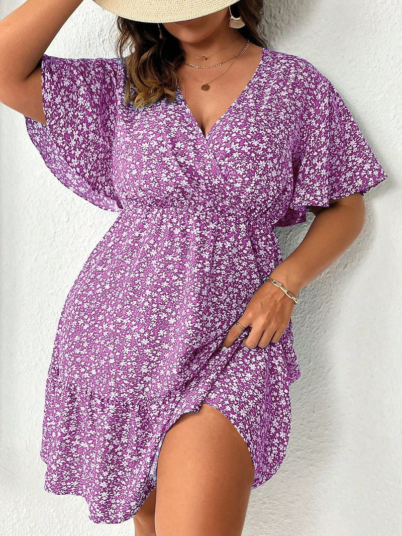 Vestido Feminino com Manga Borboleta com Babado na Barra - Liliane. Plus Size