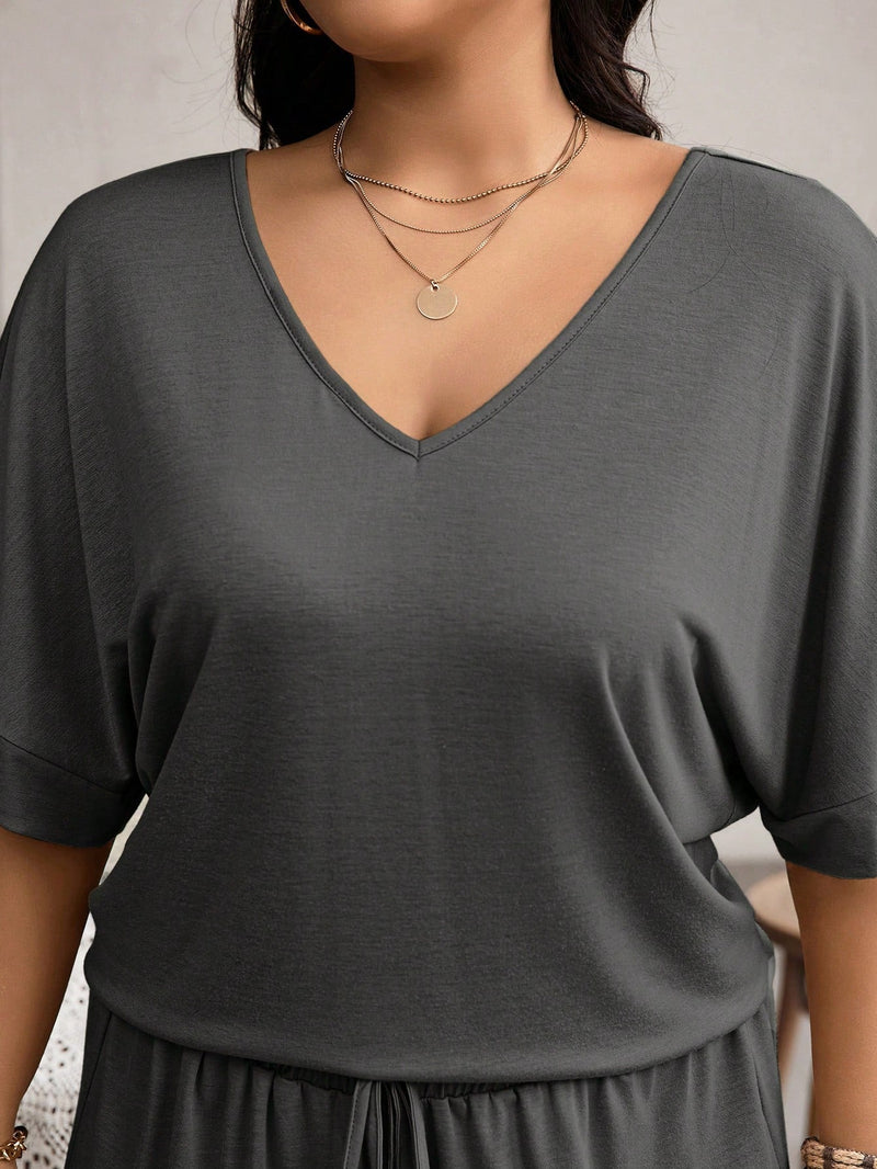 Conjunto Feminino camiseta com manga morcego e calça larga - Karol. Plus Size