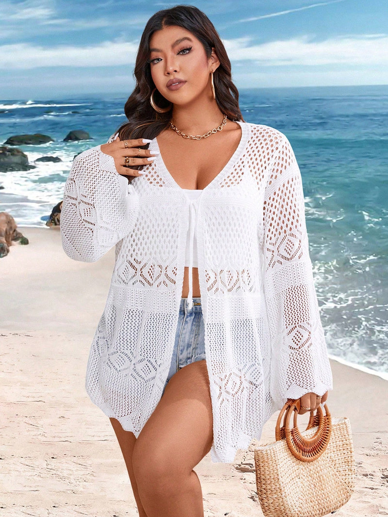Cardigan Feminina de Praia Vazada com Amarração Frontal - Liana. Plus Size