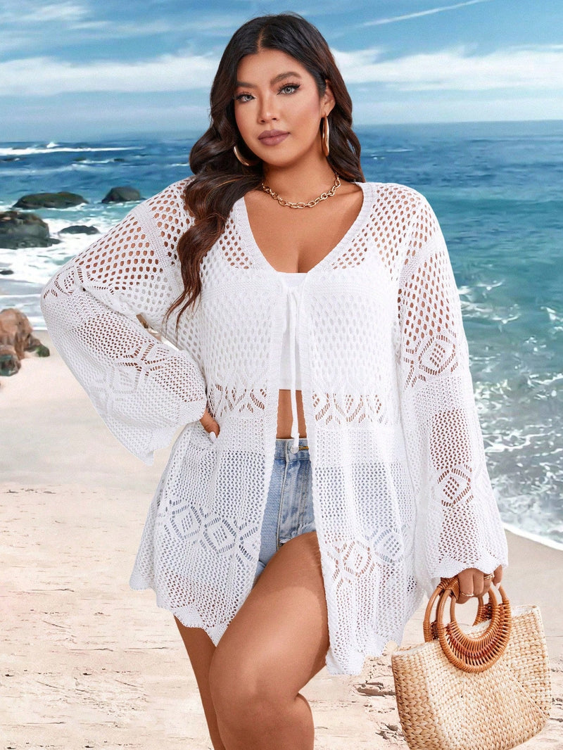 Cardigan Feminina de Praia Vazada com Amarração Frontal - Liana. Plus Size