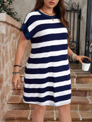 Vestido Feminino de Manga Curta e Listras Folgado - Taila. Plus Size