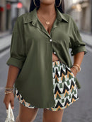 Conjunto Feminino camisa listrada e shorts - Ghi. Plus Size