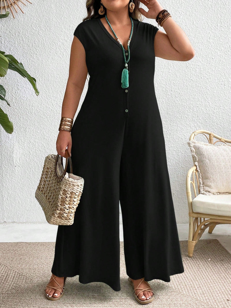 Macacão Feminino com Fechamento Frontal em Botões e Tecido Leve - Ilza. Plus Size