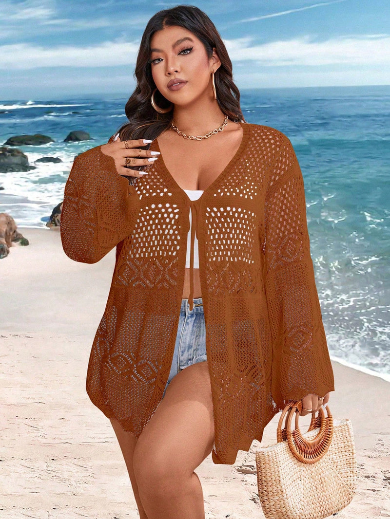 Cardigan Feminina de Praia Vazada com Amarração Frontal - Liana. Plus Size