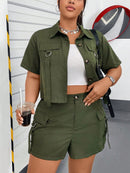 Conjunto feminino tipo militar de jaleco e bermuda Kessia. Plus Size