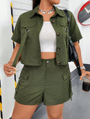 Conjunto feminino tipo militar de jaleco e bermuda Kessia. Plus Size