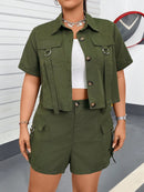 Conjunto feminino tipo militar de jaleco e bermuda Kessia. Plus Size