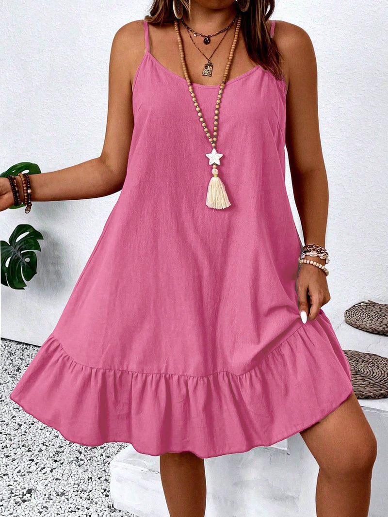 Vestido Feminino de Alça Fina com Babado na Barra - Amalya. Plus Size