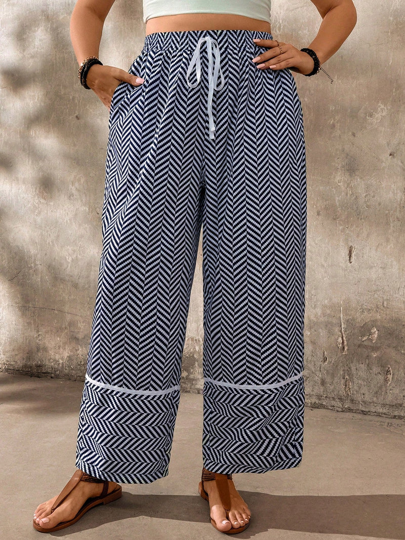 Calça casual feminina larga, estampa espinha de peixe Geane. Plus Size