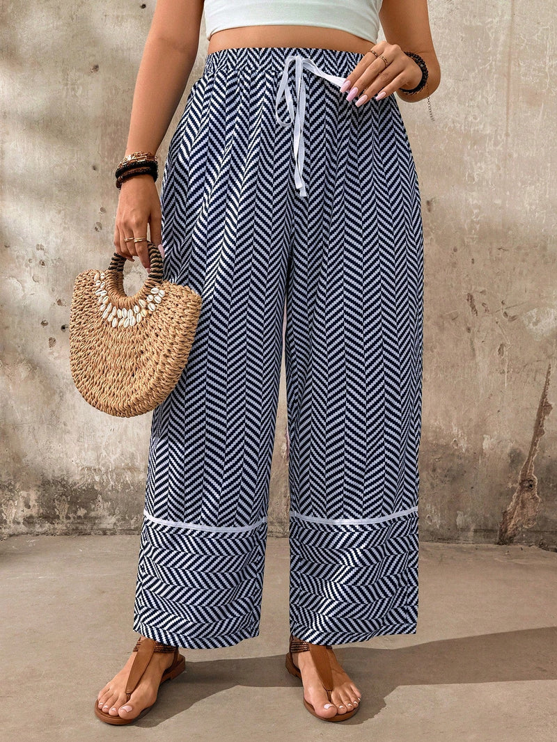 Calça casual feminina larga, estampa espinha de peixe Geane. Plus Size