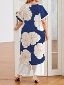 Conjunto feminino con blusa estampada assimétrica Flavia. Plus Size