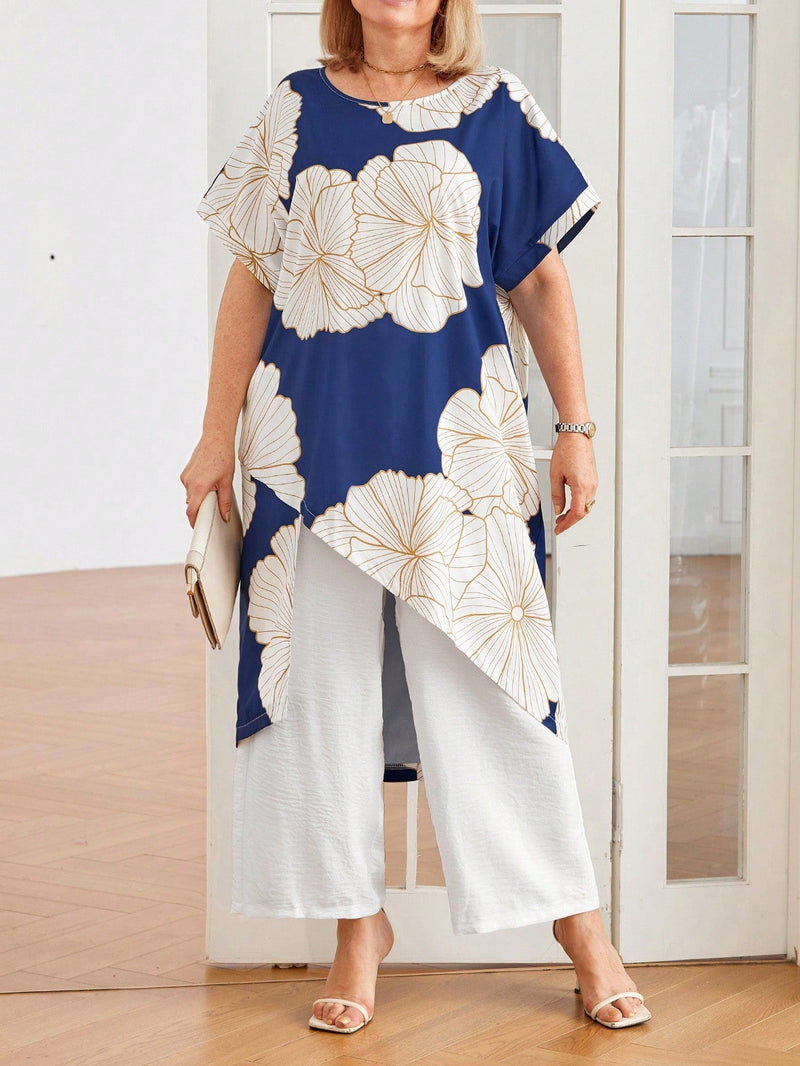 Conjunto feminino con blusa estampada assimétrica Flavia. Plus Size