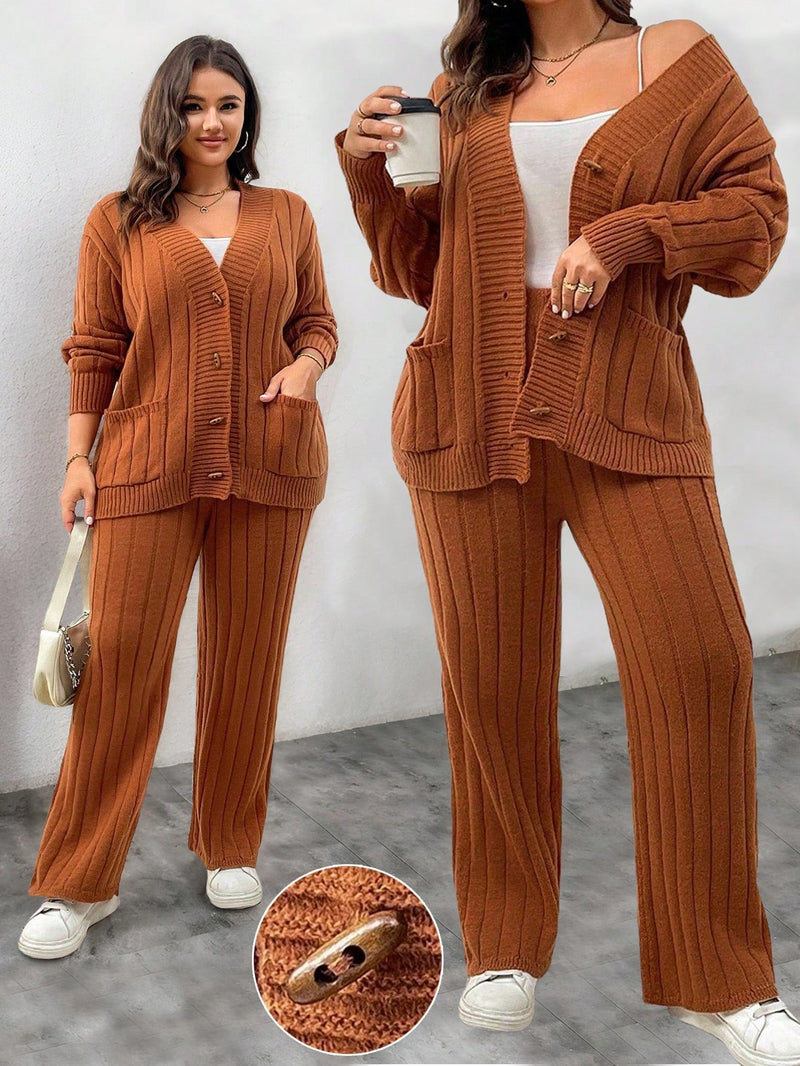 Conjunto Feminino Suéter de Malha Grossa e Calça Reta - Manuela. Plus Size