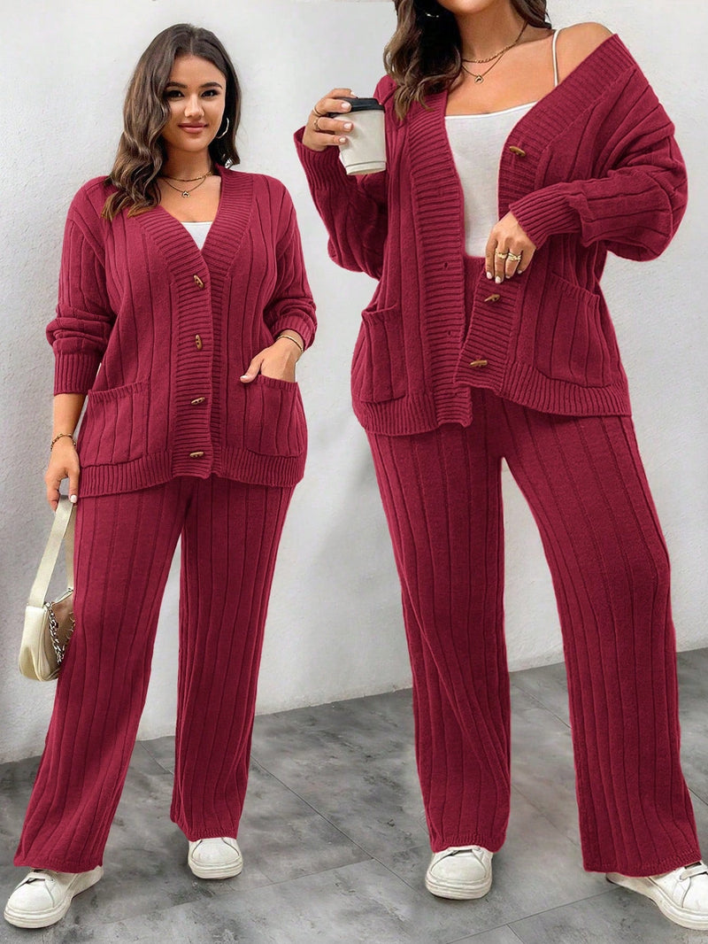 Conjunto Feminino Suéter de Malha Grossa e Calça Reta - Manuela. Plus Size