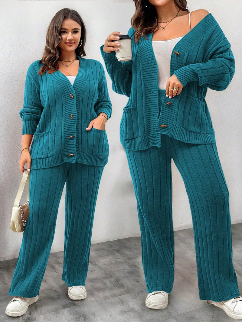 Conjunto Feminino Suéter de Malha Grossa e Calça Reta - Manuela. Plus Size