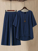 Conjunto Feminino camisa em gola redonda e calças de perna larga - Ligía. Plus Size