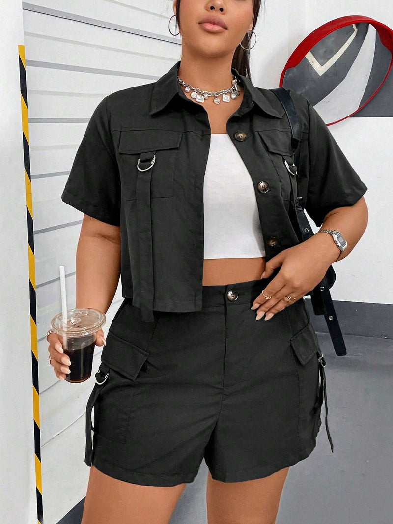 Conjunto feminino tipo militar de jaleco e bermuda Kessia. Plus Size