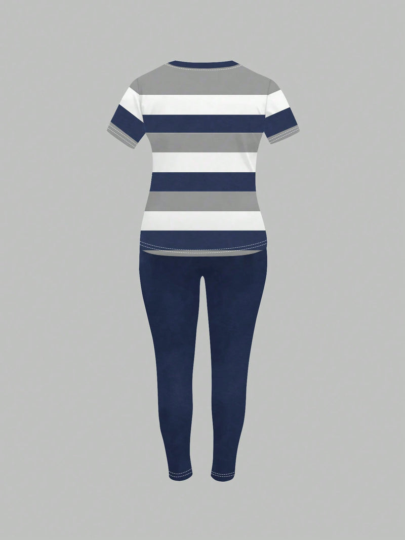 Conjunto feminino com camiseta listrada Vania. Plus Size