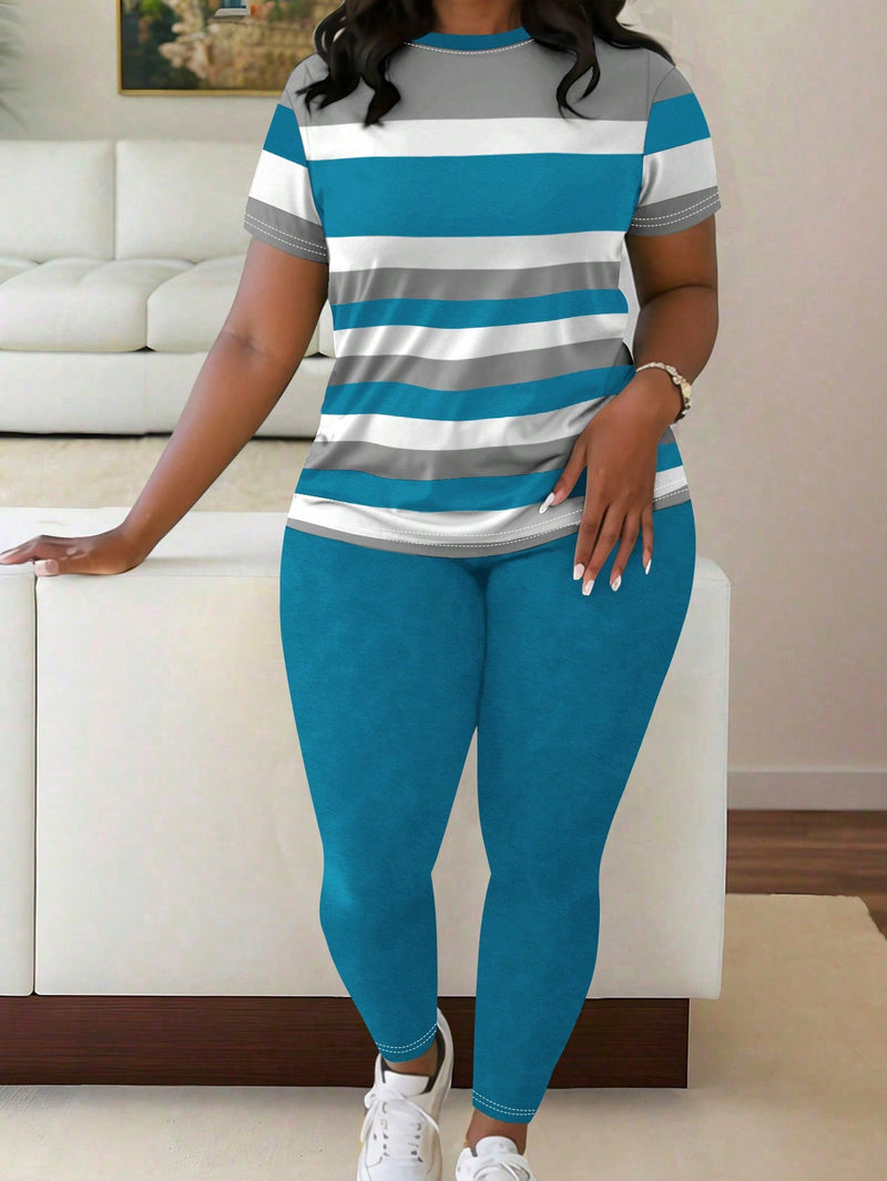 Conjunto feminino com camiseta listrada Vania. Plus Size