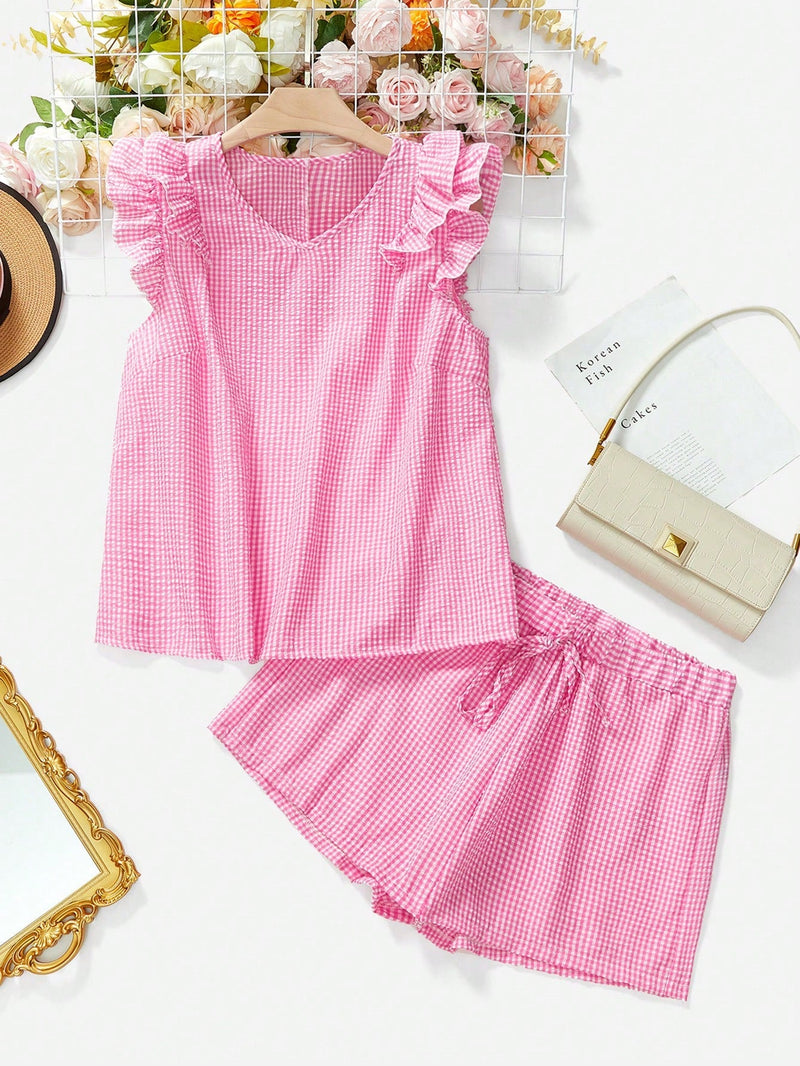 Conjunto Feminino com Blusa de Manga Curta Xadrez e Short - Mily. Plus Size