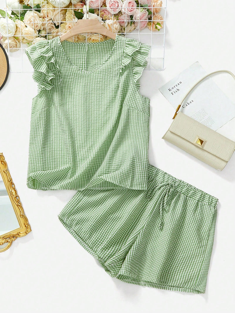 Conjunto Feminino com Blusa de Manga Curta Xadrez e Short - Mily. Plus Size