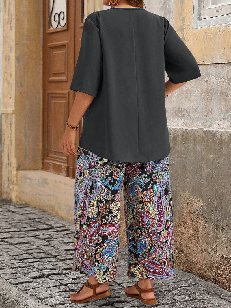 Conjunto Feminino camisa em gola redonda e calças de perna larga - Ligía. Plus Size