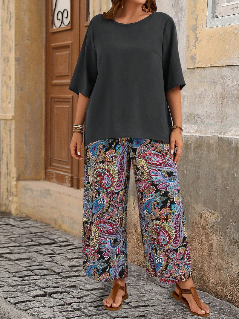 Conjunto Feminino camisa em gola redonda e calças de perna larga - Ligía. Plus Size