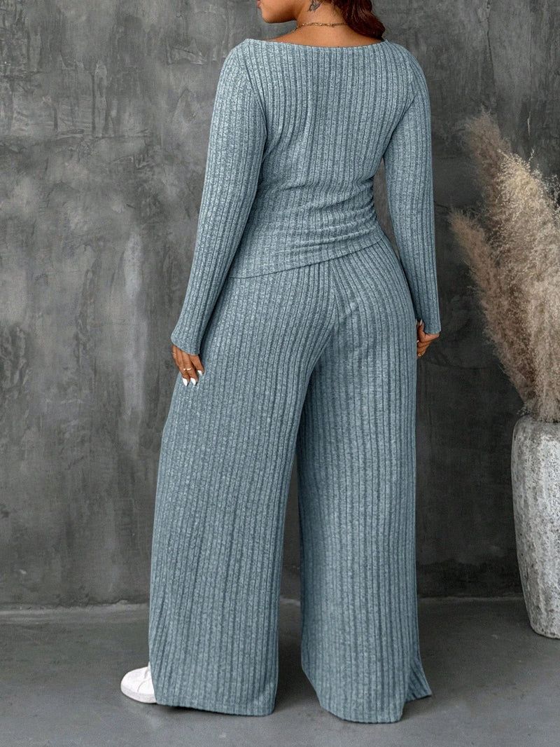 Conjunto Feminino Top Slim   Calça Perna Larga - Franciele. Plus Size