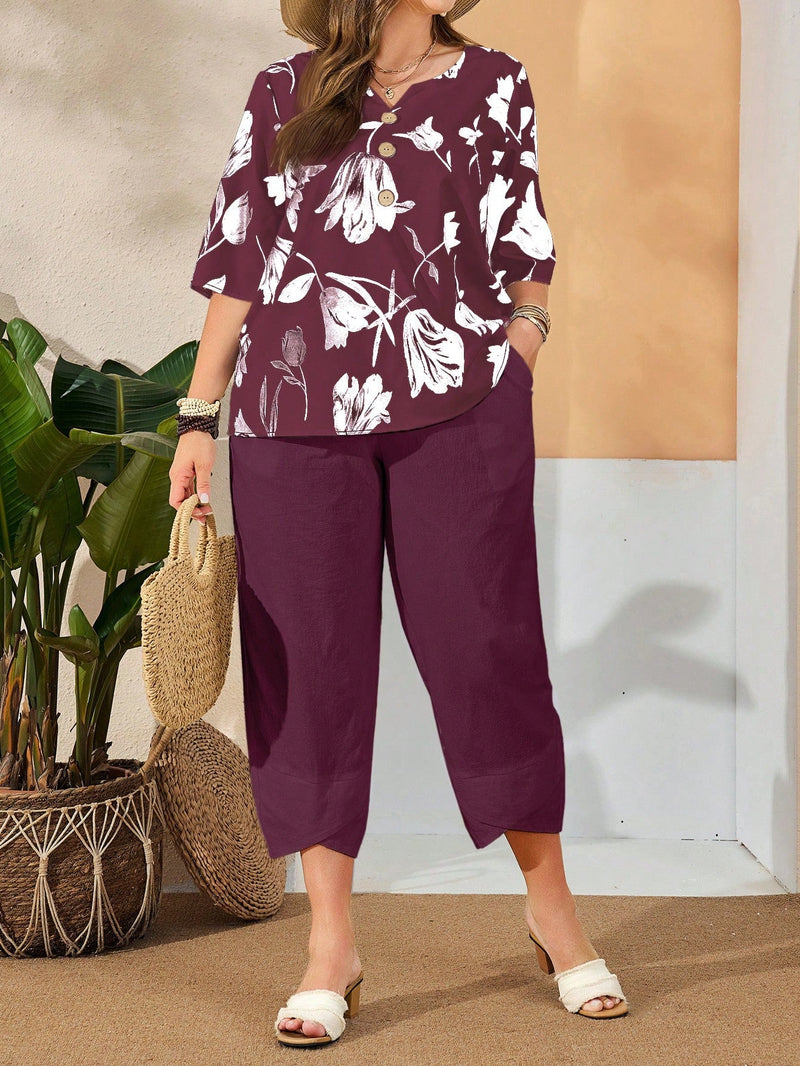 Conjunto Feminino de Camisa com Estampa Floral e Calça Cropped - Ivone. Plus Size