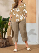 Conjunto Feminino de Camisa com Estampa Floral e Calça Cropped - Ivone. Plus Size