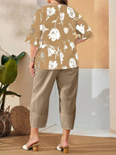 Conjunto Feminino de Camisa com Estampa Floral e Calça Cropped - Ivone. Plus Size