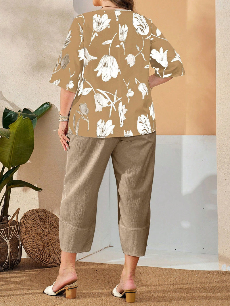 Conjunto Feminino de Camisa com Estampa Floral e Calça Cropped - Ivone. Plus Size