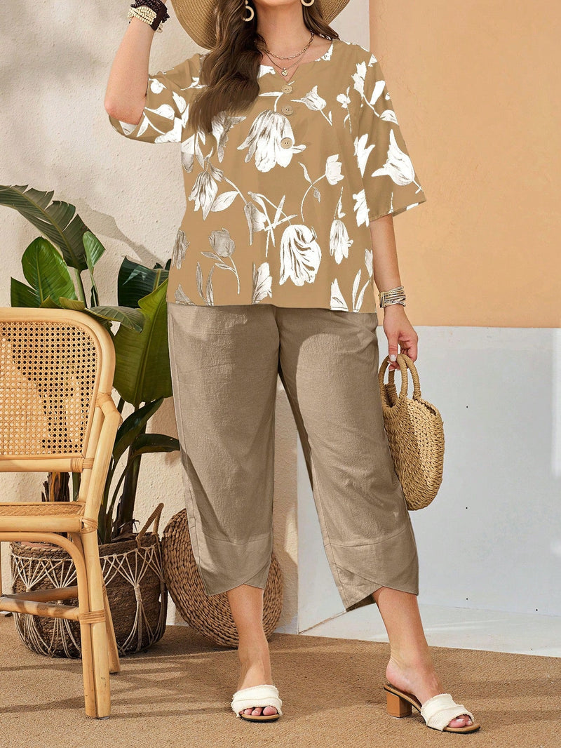 Conjunto Feminino de Camisa com Estampa Floral e Calça Cropped - Ivone. Plus Size
