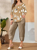 Conjunto Feminino de Camisa com Estampa Floral e Calça Cropped - Ivone. Plus Size